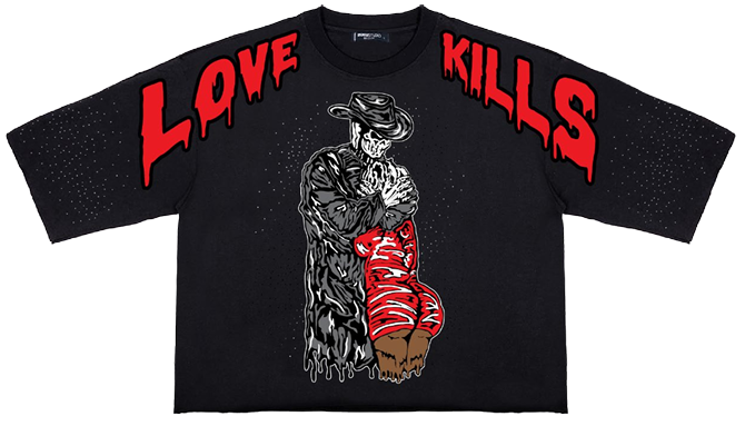 210 GSM 100% COTTON LOVE KILLS CROPPED DROP SHOULDER TEE WITH RHINESTONE DETAILS