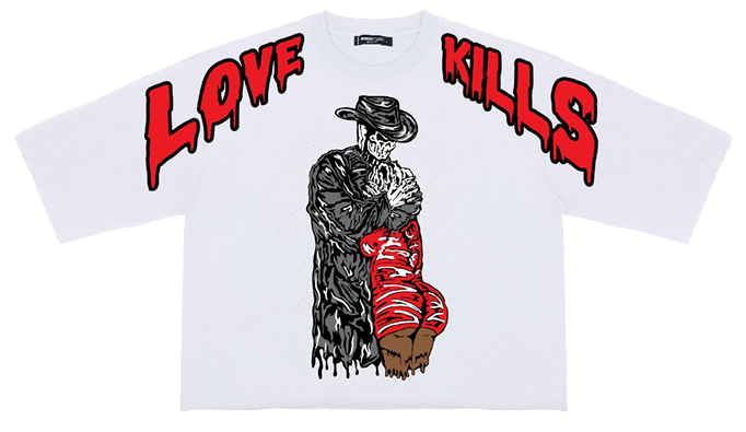 210 GSM 100% COTTON LOVE KILLS CROPPED DROP SHOULDER TEE WITH RHINESTONE DETAILS