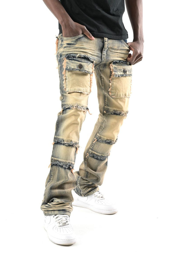 S3020P, STRETCH STACK PANTS WITH FRAYED POCKETS
