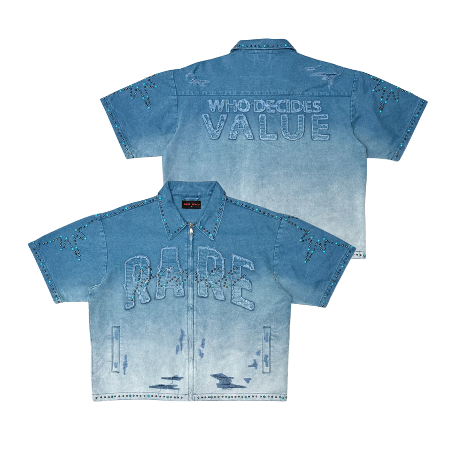 WASHED TWILL ZIP DOWN SHIRTS W/ RHINESTONE DETAIL