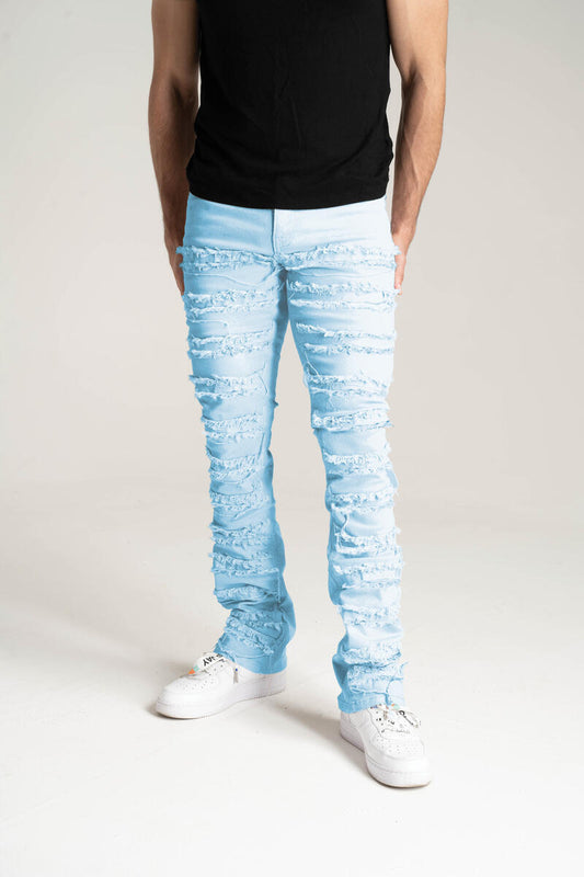 STRETCH STACKED TWILL PANTS WITH FRAYED PATCH