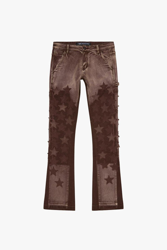 "V-STARS” BROWN WASH STACKED FLARE JEAN