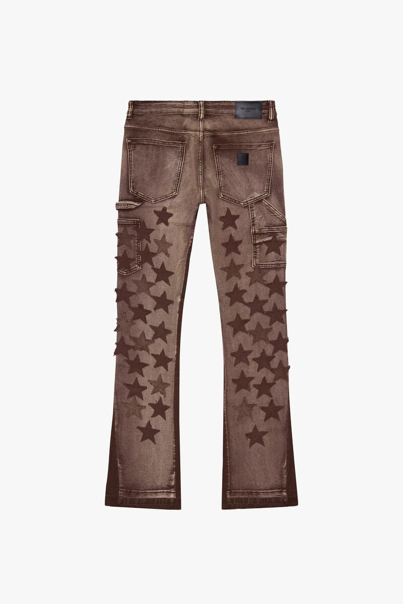 "V-STARS” BROWN WASH STACKED FLARE JEAN