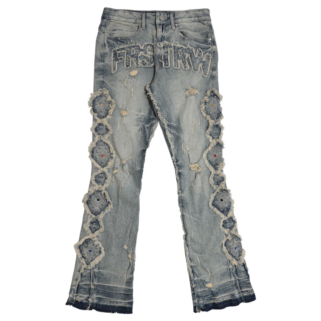 MIDNIGHT RODEO EMBLISHEMENT DENIM STACK PANTS