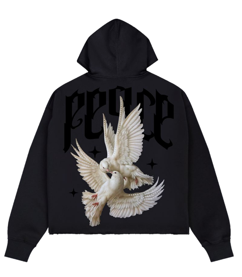 360 GSM 80/20 PEACE CROPPED DROP SHOULDER FLEECE HOODIE WITH RHINESTONE DETAILS