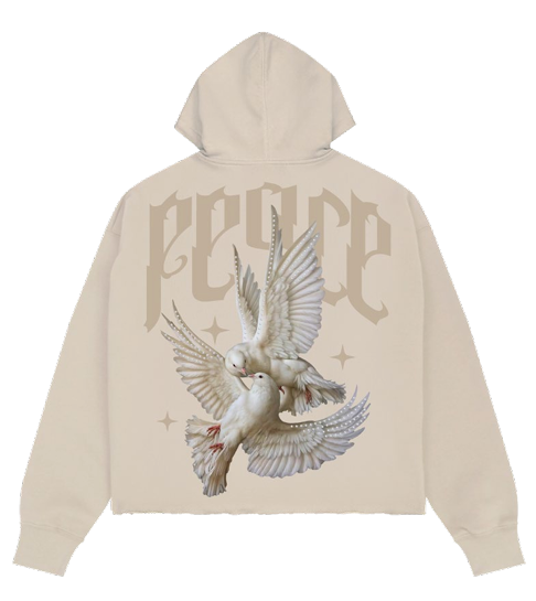 360 GSM 80/20 PEACE CROPPED DROP SHOULDER FLEECE HOODIE WITH RHINETONE DETAILS