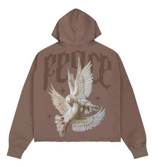 360 GSM 80/20 PEACE CROPPED DROP SHOULDER FLEECE HOODIE WITH RHINESTONE DETAILS