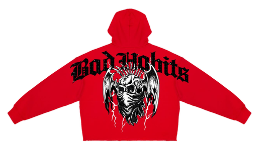 360 GSM 80/20 BAD HABITS CROPPED DROP SHOULER FLEECE HOODIE WITH RHINESTONE DETAILS