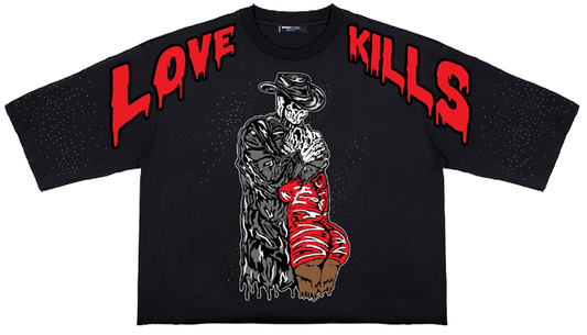 210 GSM 100% COTTON LOVE KILLS CROPPED DROP SHOULDER TEE WITH RHINESTONE DETAILS