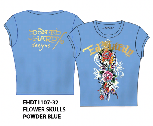 FLOWER SKULLS CAP SLEEVE FITTED TEE
