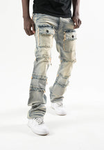 S3020P, STRETCH STACK PANTS WITH FRAYED POCKETS