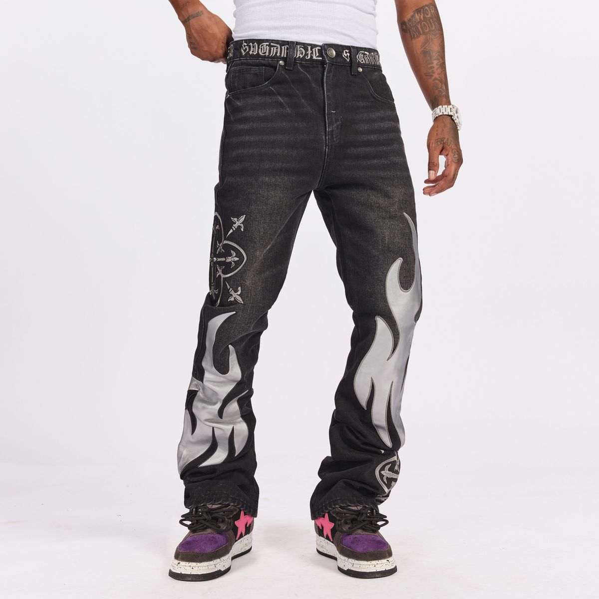 "LIVER" STACKED JEANS (BLACK/GRAY LEATHER)