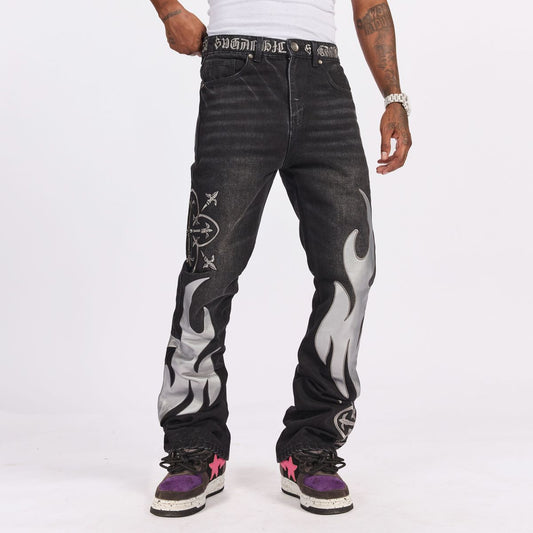 "LIVER" STACKED JEANS (BLACK/GRAY LEATHER)