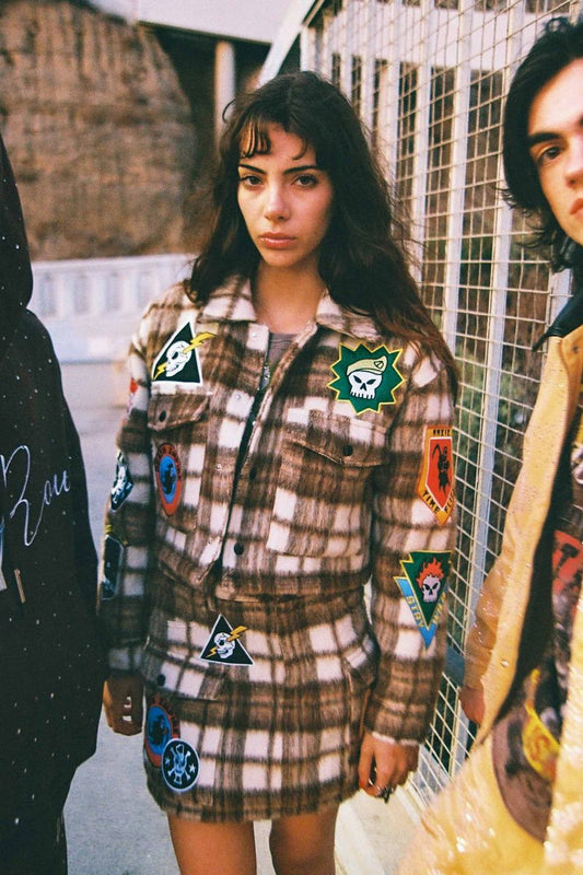 LOGO ALLOVER CROP WOOL PLAID SHACKET