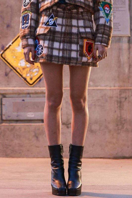 LOGO ALLOVER WOOL PLAID MINI SKIRT