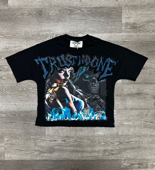 "TRUST NO ONE" F-TERRY CROPPED T-SHIRT