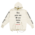"NO MONEY? NO HONEY!" HAND SHREDDED LUXURY HOODIE CREAM