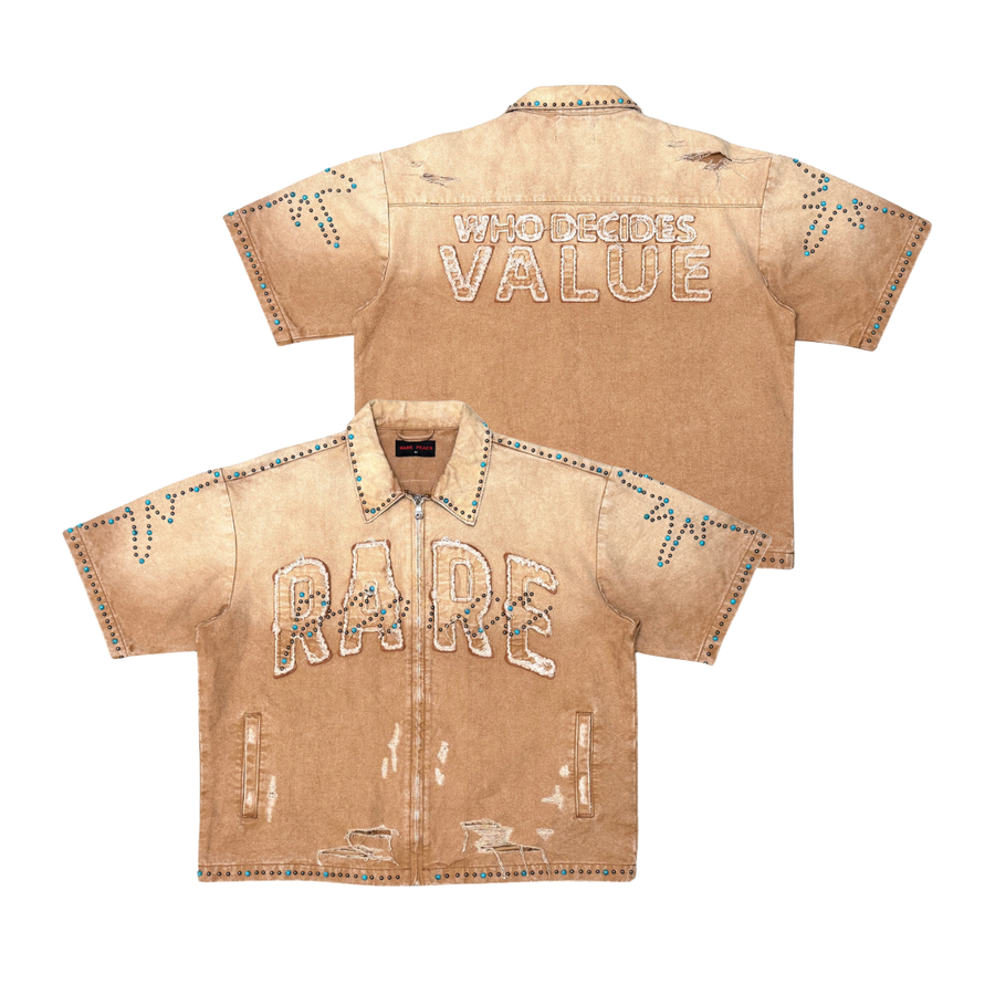 WASHED TWILL ZIP DOWN SHIRTS W/ RHINESTONE DETAIL