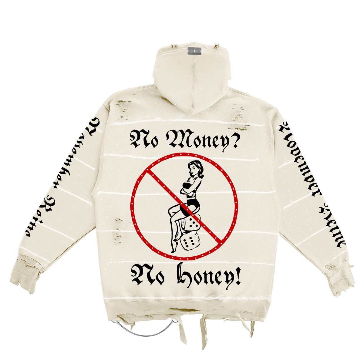 "NO MONEY? NO HONEY!" HAND SHREDDED LUXURY HOODIE CREAM
