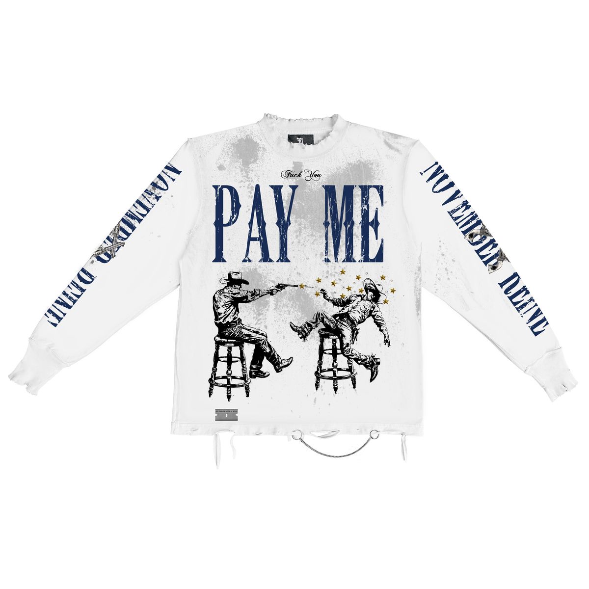 " WE PLAY FOR KEEPS" HAND SHREDDED LUXURY HEAVYWEIGHT LONG SLEEVE WHITE TEE