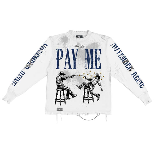 " WE PLAY FOR KEEPS" HAND SHREDDED LUXURY HEAVYWEIGHT LONG SLEEVE WHITE TEE