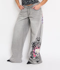 PINK SKULL FLAME BAGGY JEAN EMBROIDERED