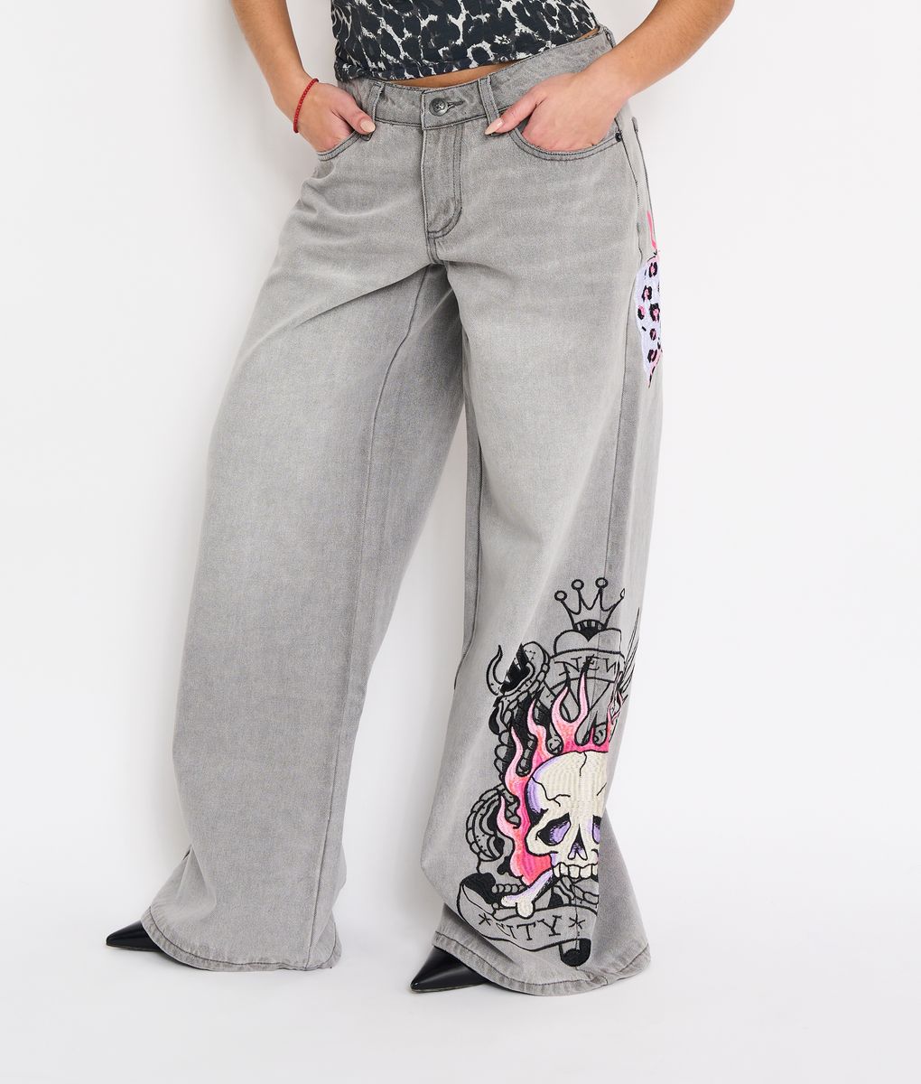 PINK SKULL FLAME BAGGY JEAN EMBROIDERED