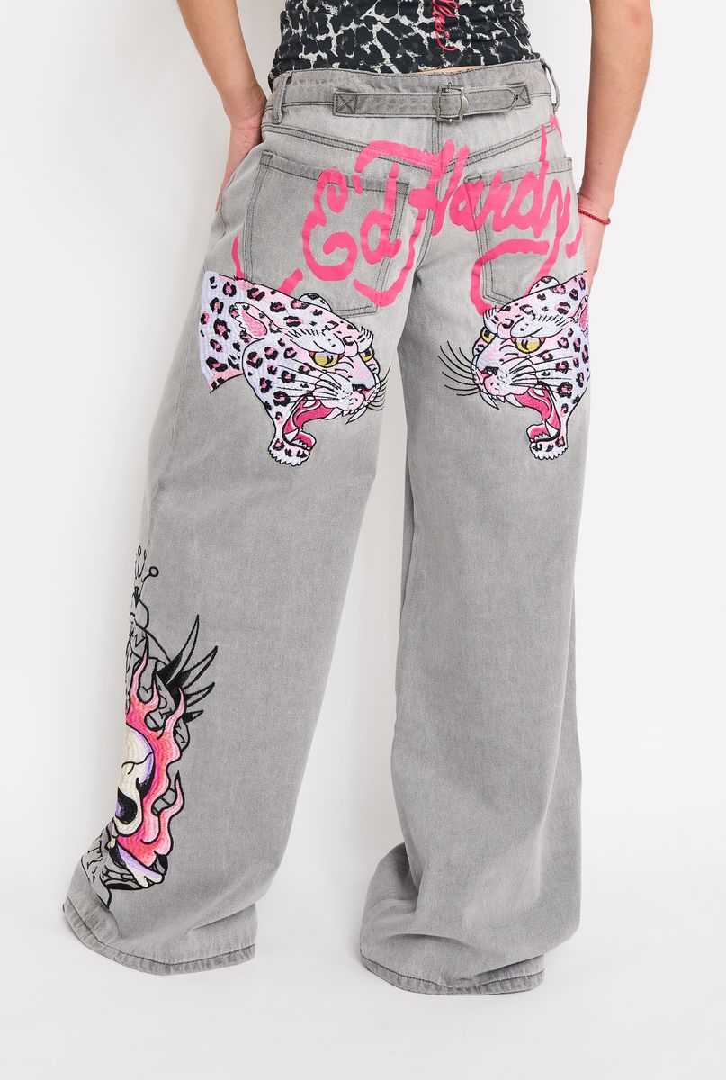 PINK SKULL FLAME BAGGY JEAN EMBROIDERED