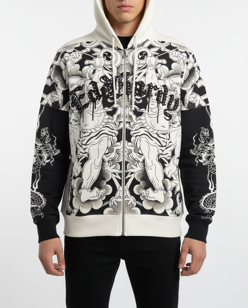 JAPAN LION RHINESTONE HANG DOWN ZIP HOODIE