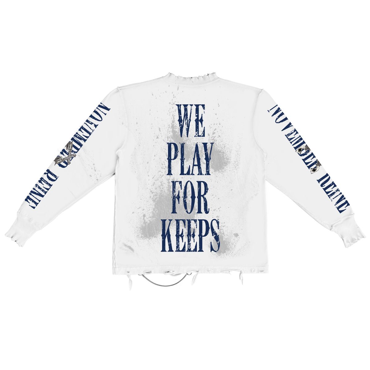 " WE PLAY FOR KEEPS" HAND SHREDDED LUXURY HEAVYWEIGHT LONG SLEEVE WHITE TEE